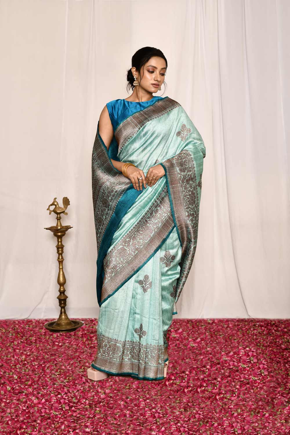 Sky Blue Pure Tussar Silk Banarasi Handloom Silk Saree Sky Blue Pure Tussar Silk Banarasi Handloom Silk Saree