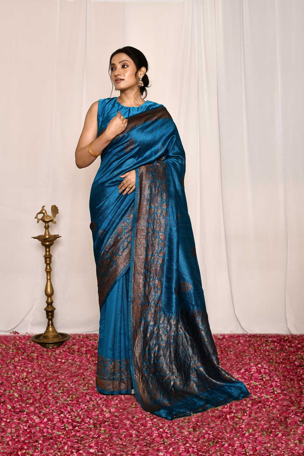 Blue-Pure Tussar Silk Banarasi Handloom Silk Saree Blue-Pure Tussar Silk Banarasi Handloom Silk Saree