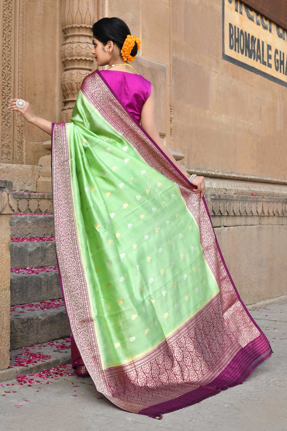 Green- Purple Pure Katan Silk Banarasi Handloom Saree With Blouse Green- Purple Pure Katan Silk Banarasi Handloom Saree With Blouse