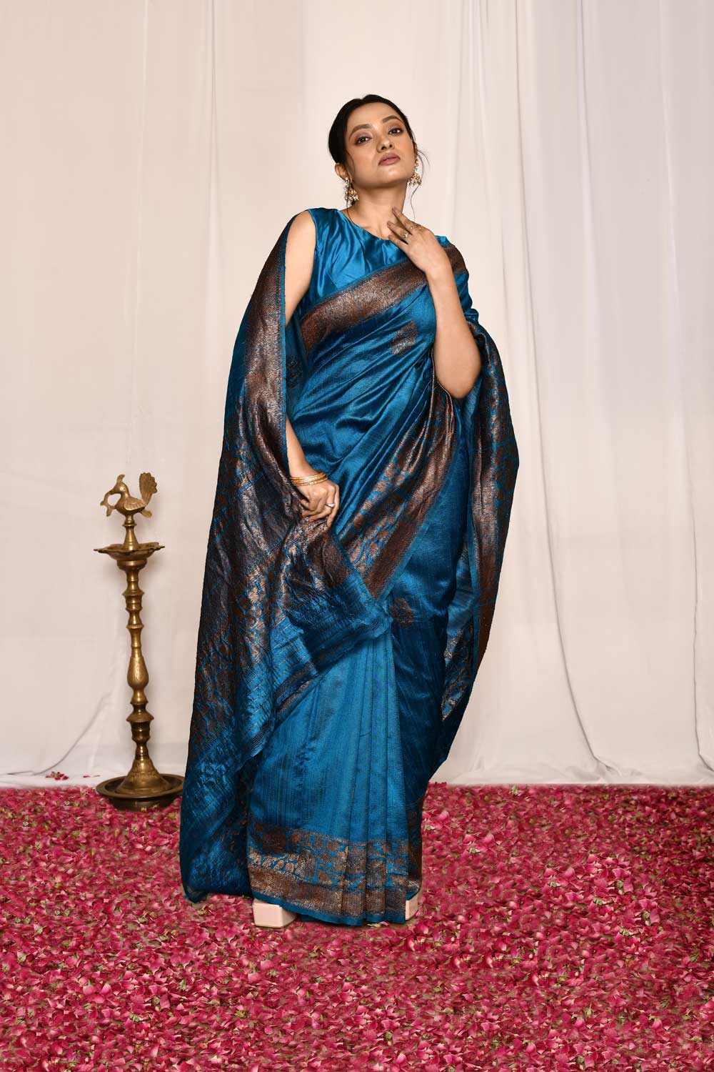 Blue-Pure Tussar Silk Banarasi Handloom Silk Saree Blue-Pure Tussar Silk Banarasi Handloom Silk Saree