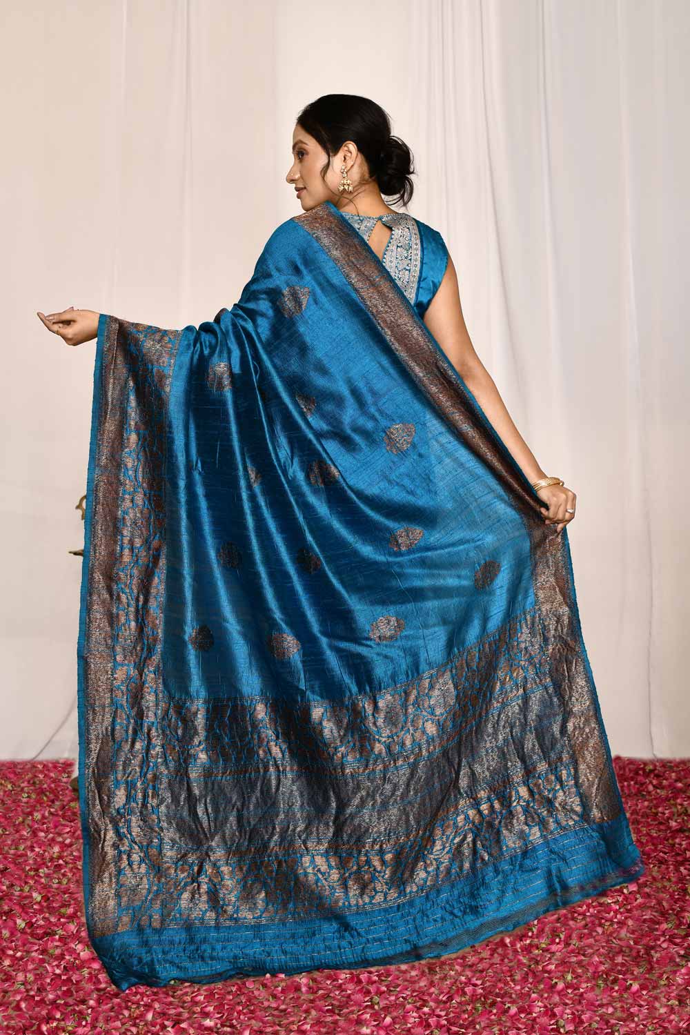 Blue-Pure Tussar Silk Banarasi Handloom Silk Saree Blue-Pure Tussar Silk Banarasi Handloom Silk Saree