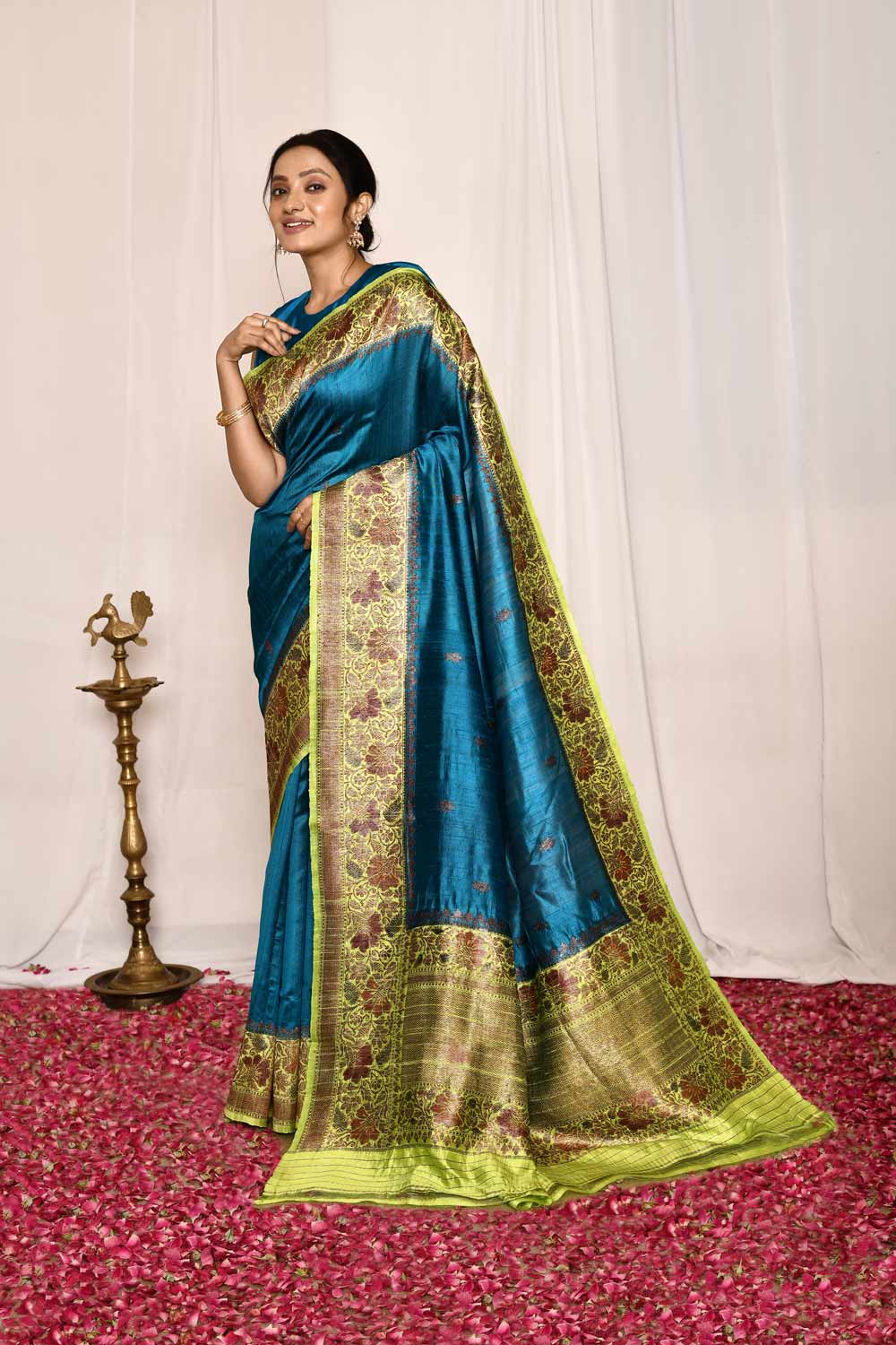 Blue- Green Pure Tussar Silk Banarasi Handloom Silk Saree Blue- Green Pure Tussar Silk Banarasi Handloom Silk Saree