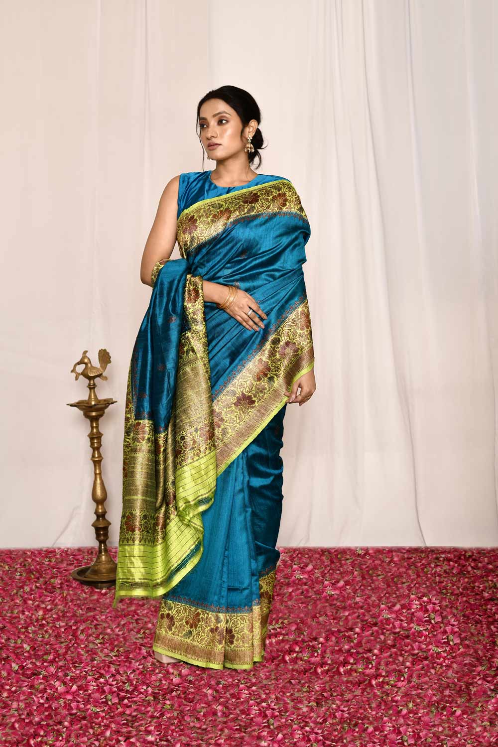 Blue- Green Pure Tussar Silk Banarasi Handloom Silk Saree Blue- Green Pure Tussar Silk Banarasi Handloom Silk Saree