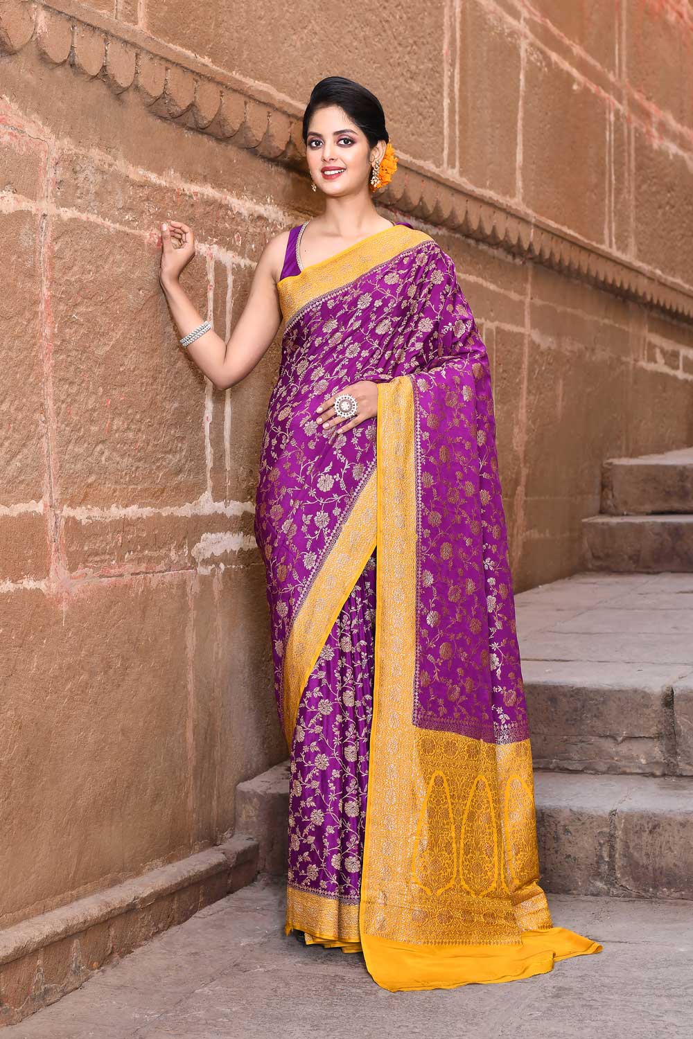 Purple- Mustard Pure Crepe Georgette Banarasi Handloom Silk Saree Purple- Mustard Pure Crepe Georgette Banarasi Handloom Silk Saree