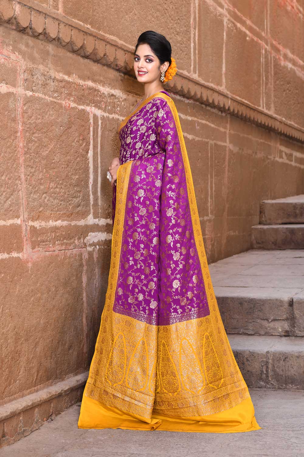 Purple- Mustard Pure Crepe Georgette Banarasi Handloom Silk Saree Purple- Mustard Pure Crepe Georgette Banarasi Handloom Silk Saree