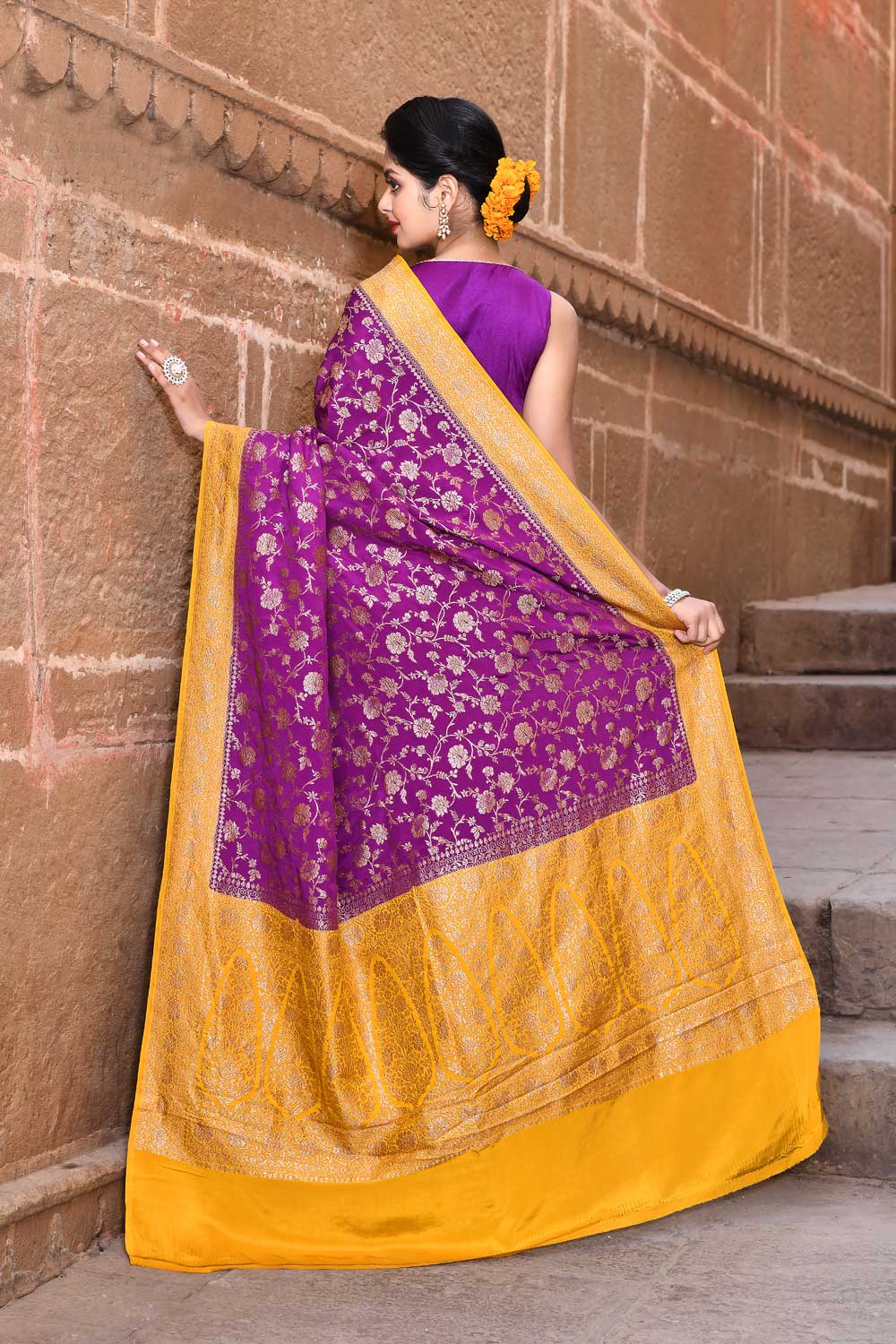 Purple- Mustard Pure Crepe Georgette Banarasi Handloom Silk Saree Purple- Mustard Pure Crepe Georgette Banarasi Handloom Silk Saree