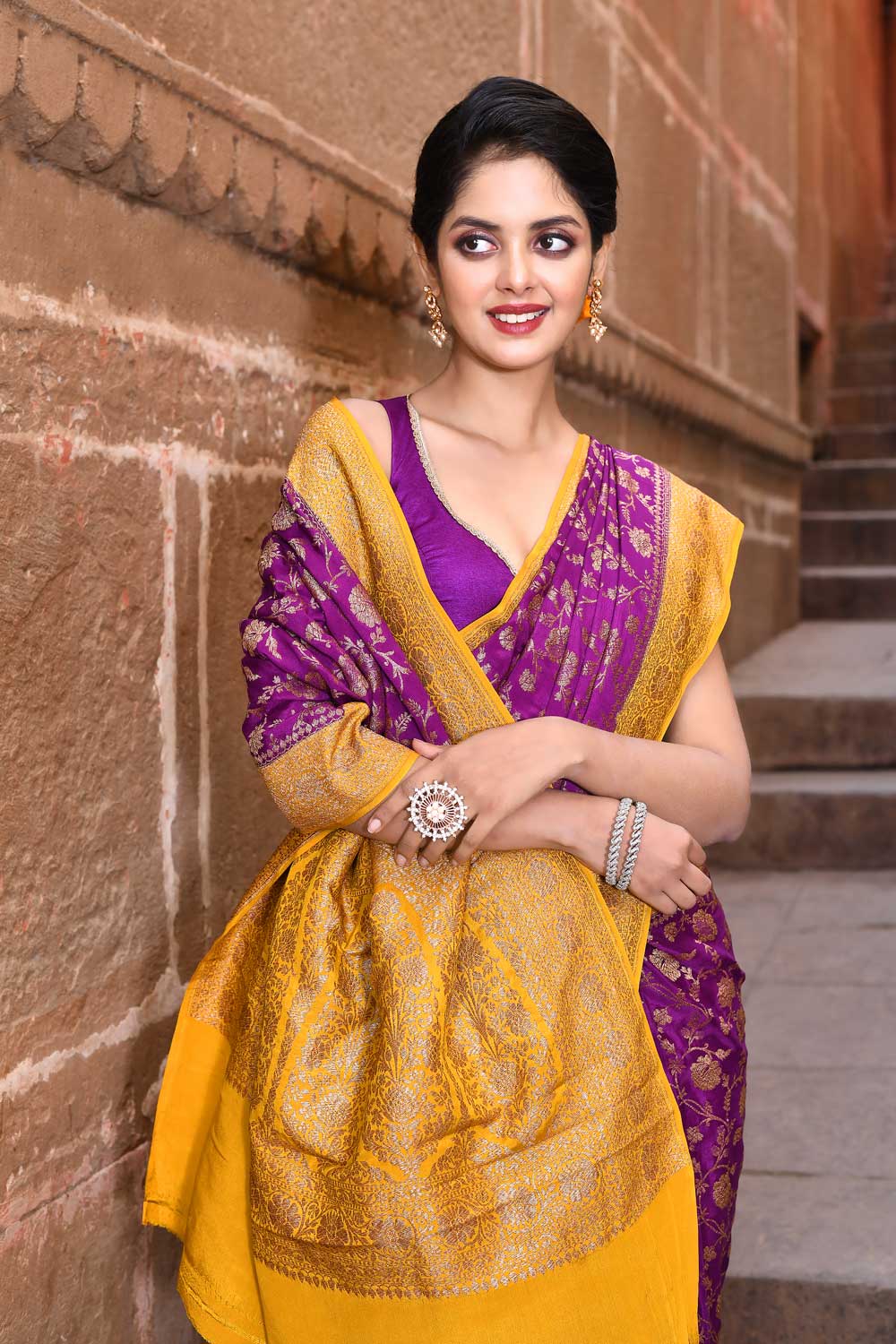 Purple- Mustard Pure Crepe Georgette Banarasi Handloom Silk Saree Purple- Mustard Pure Crepe Georgette Banarasi Handloom Silk Saree