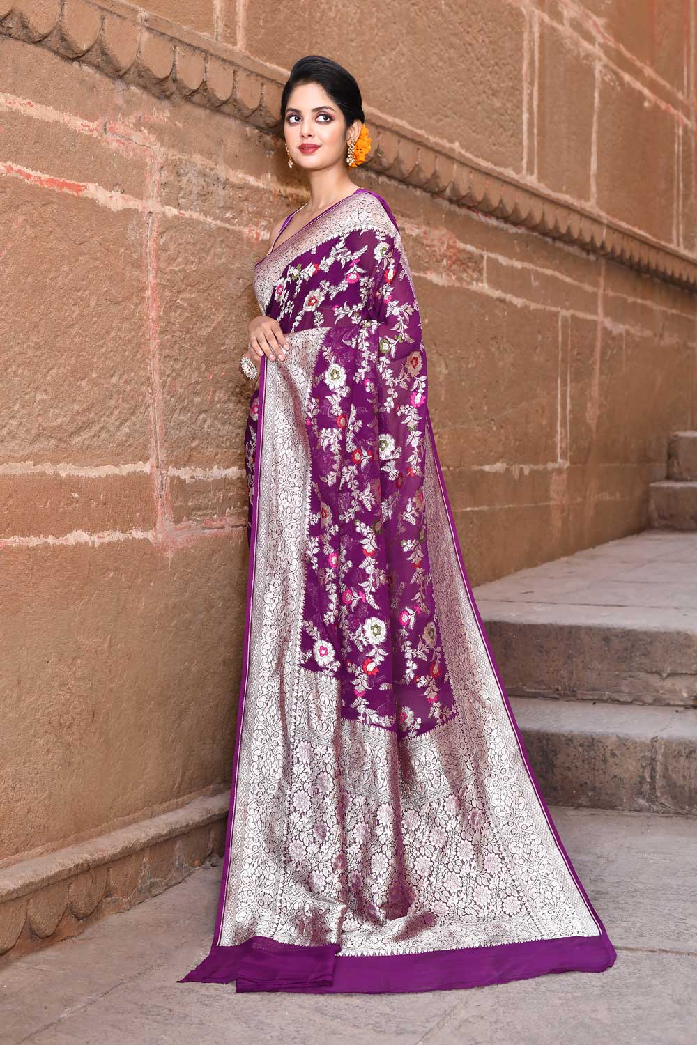 Purple Pure Khaddi Georgette Banarasi Handloom Saree With Meenkari Jaal Purple Pure Khaddi Georgette Banarasi Handloom Saree With Meenkari Jaal