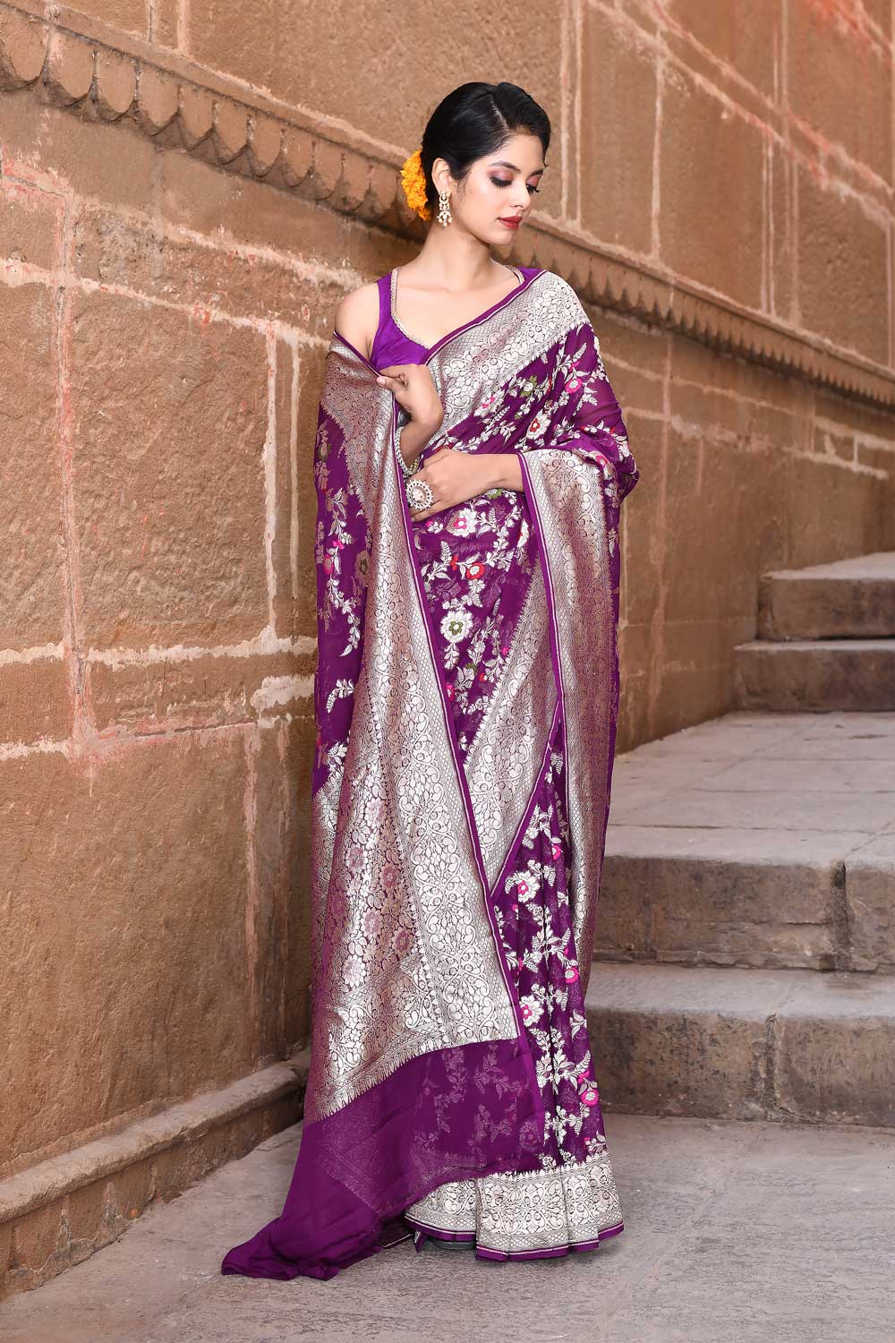 Purple Pure Khaddi Georgette Banarasi Handloom Saree With Meenkari Jaal Purple Pure Khaddi Georgette Banarasi Handloom Saree With Meenkari Jaal