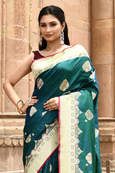 Teal Blue Pure Katan Silk Banarasi Handloom Silk Saree