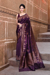 Plum Pure Tussar Georgette Silk Kadhua Banarasi Handloom Saree