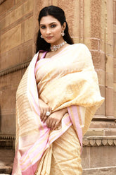 Beige-Lilac Pure Katan Silk Banarasi Handloom Silk Saree