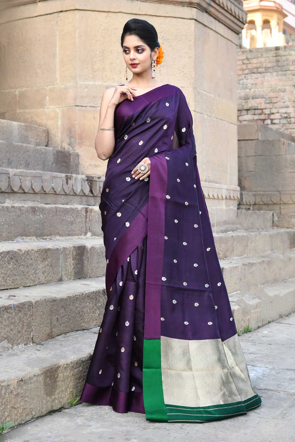 Chand Boota' Wine Pure Katan Silk Banarasi Handloom Saree Chand Boota' Wine Pure Katan Silk Banarasi Handloom Saree