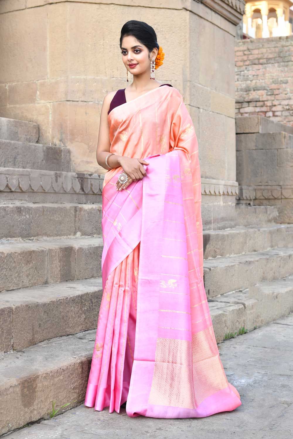 Peach and Pink Ombre Pure Katan Silk Banarasi Handloom Saree Peach and Pink Ombre Pure Katan Silk Banarasi Handloom Saree