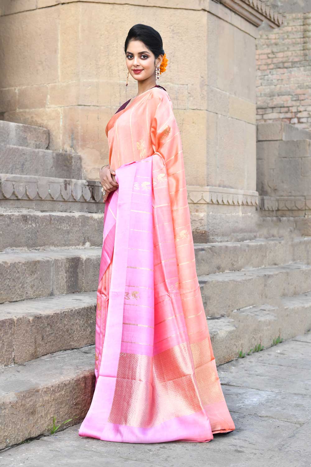 Peach and Pink Ombre Pure Katan Silk Banarasi Handloom Saree Peach and Pink Ombre Pure Katan Silk Banarasi Handloom Saree