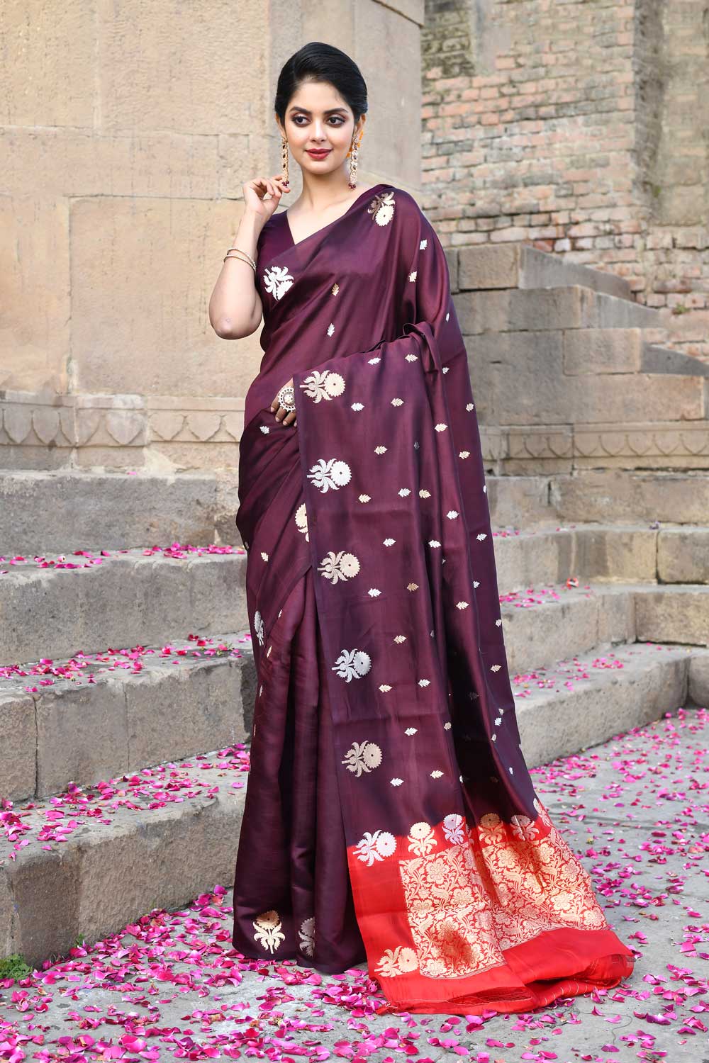 Wine Pure Katan Silk Banarasi Handloom Saree With Kadhua Boota