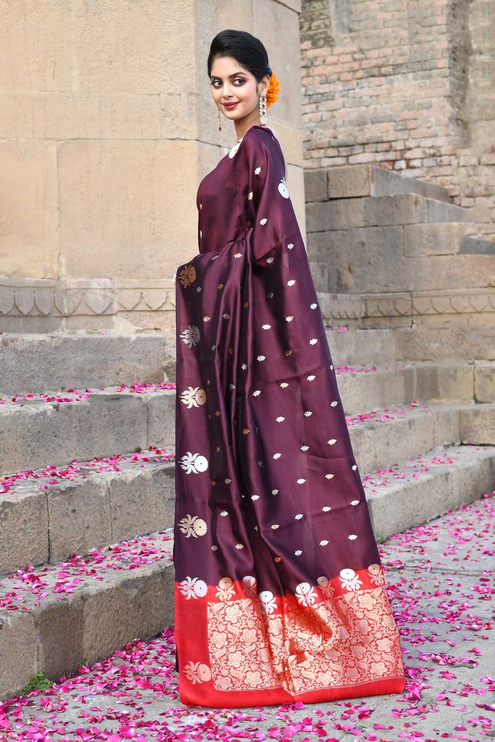 Wine Pure Katan Silk Banarasi Handloom Saree With Kadhua Boota Wine Pure Katan Silk Banarasi Handloom Saree With Kadhua Boota