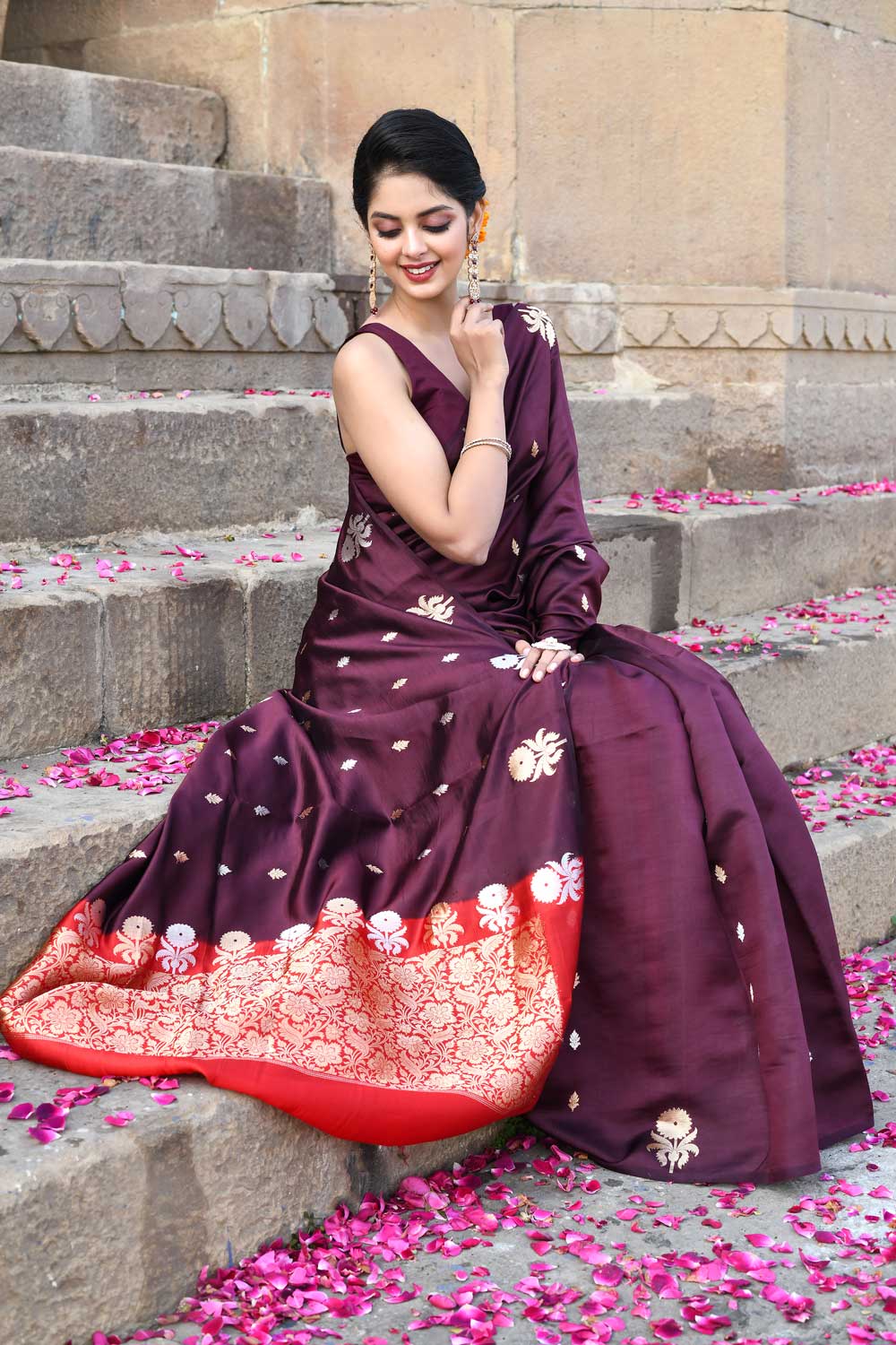 Wine Pure Katan Silk Banarasi Handloom Saree With Kadhua Boota Wine Pure Katan Silk Banarasi Handloom Saree With Kadhua Boota