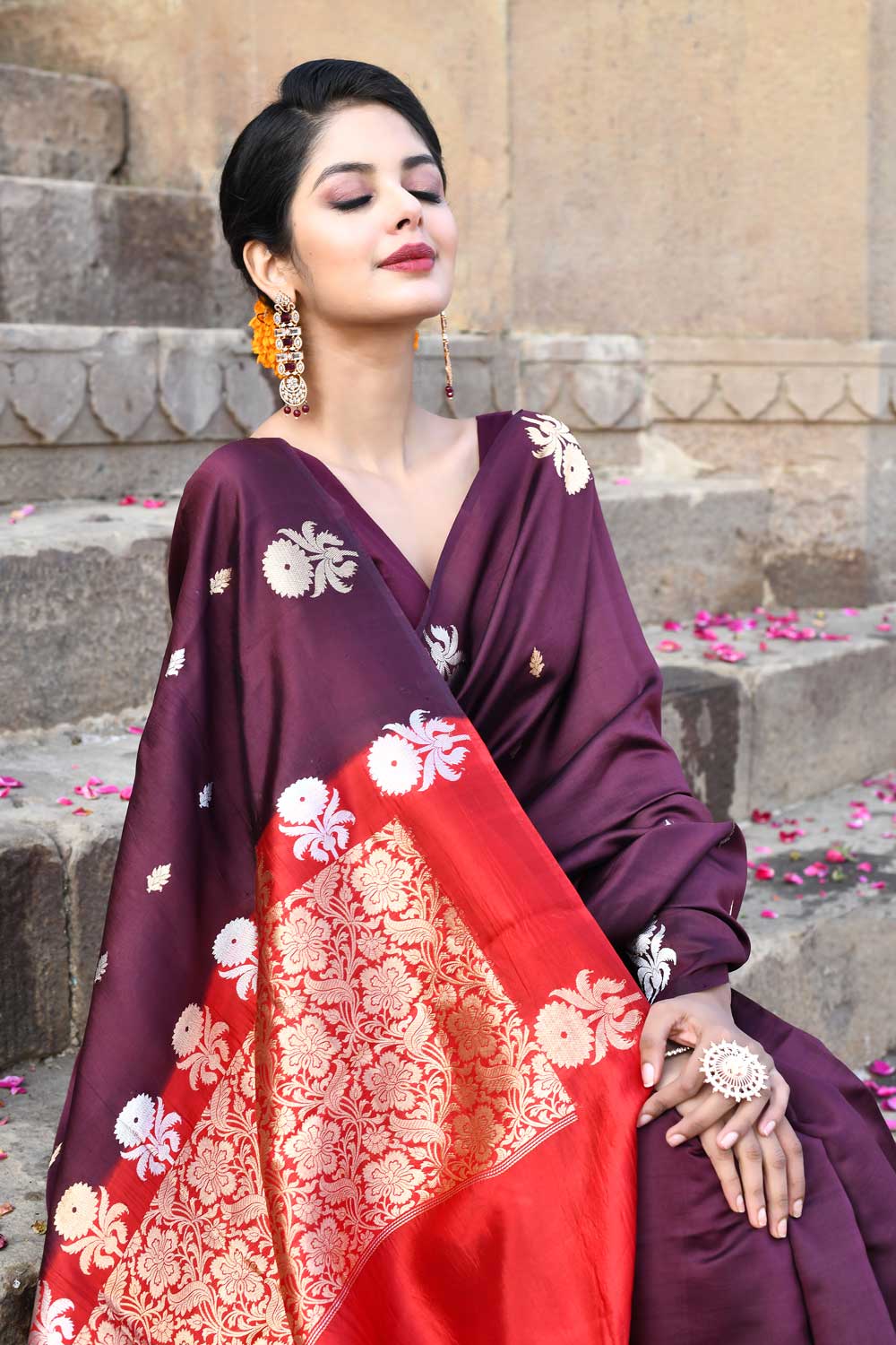 Wine Pure Katan Silk Banarasi Handloom Saree With Kadhua Boota Wine Pure Katan Silk Banarasi Handloom Saree With Kadhua Boota