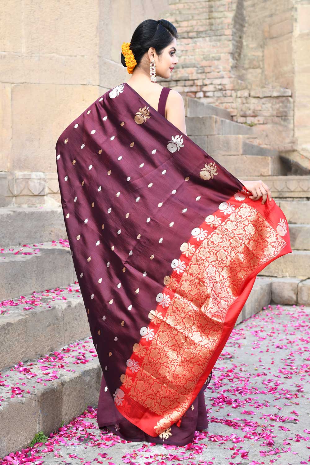 Wine Pure Katan Silk Banarasi Handloom Saree With Kadhua Boota Wine Pure Katan Silk Banarasi Handloom Saree With Kadhua Boota
