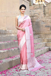 Old Rose Pink Pure Katan Silk Banarasi Handloom Saree With Kadhua Boota In Silver Zari