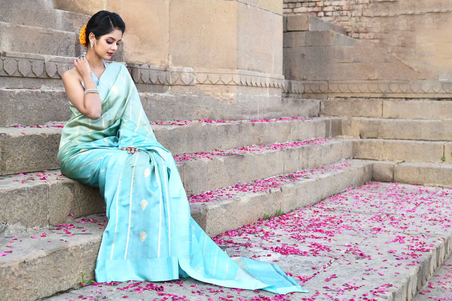 Sage Green - Dusty Mint Blue Ombre Pure Katan Silk Banarasi Handloom Saree Sage Green - Dusty Mint Blue Ombre Pure Katan Silk Banarasi Handloom Saree