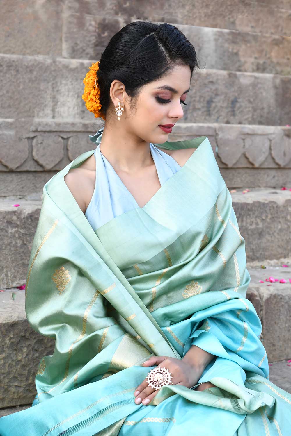 Sage Green - Dusty Mint Blue Ombre Pure Katan Silk Banarasi Handloom Saree Sage Green - Dusty Mint Blue Ombre Pure Katan Silk Banarasi Handloom Saree
