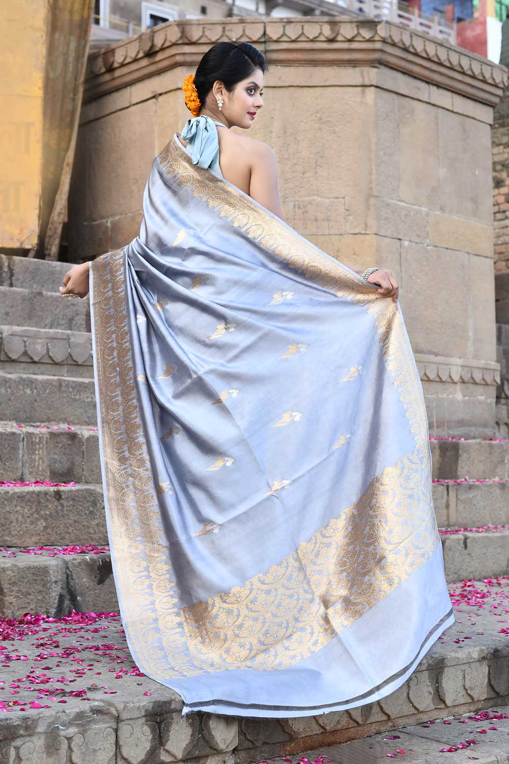 Grey Pure Katan Silk Banarasi Handloom Saree With Kadhua Boota In Rooa and Sona Grey Pure Katan Silk Banarasi Handloom Saree With Kadhua Boota In Rooa and Sona