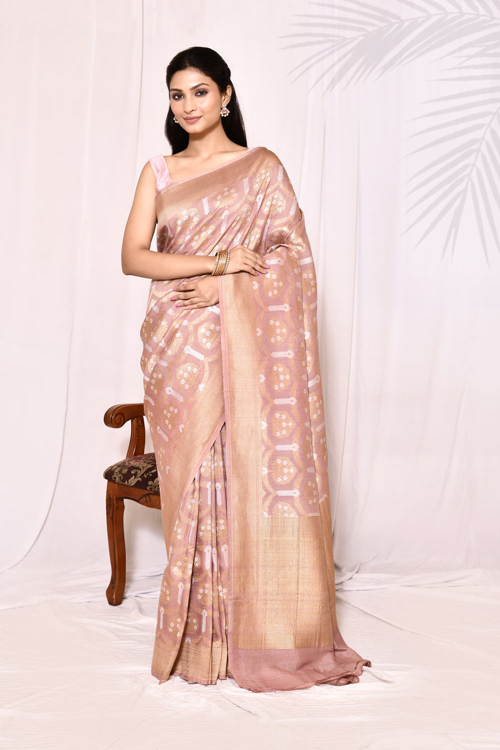 Old Rose Gold Pure Tussar Georgette Silk Banarasi Handloom Silk Saree Old Rose Gold Pure Tussar Georgette Silk Banarasi Handloom Silk Saree