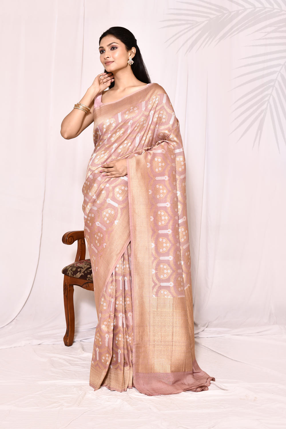 Old Rose Gold Pure Tussar Georgette Silk Banarasi Handloom Silk Saree Old Rose Gold Pure Tussar Georgette Silk Banarasi Handloom Silk Saree