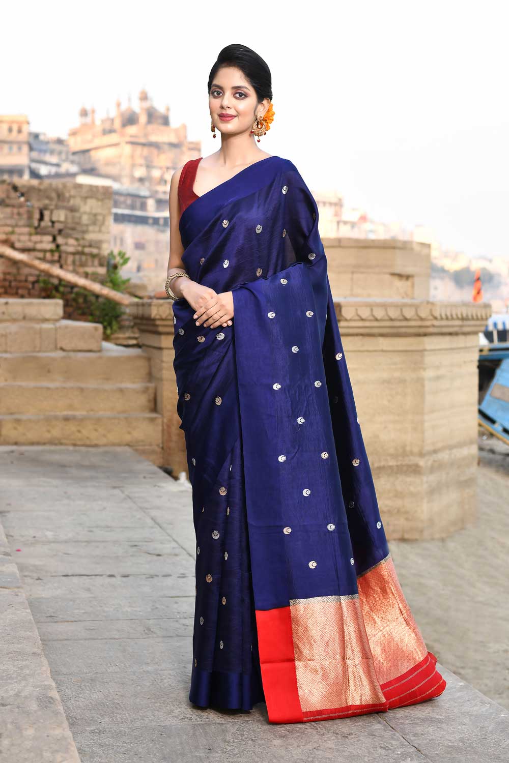 Chand Buta' Blue Pure Katan Silk Banarasi Handloom Saree