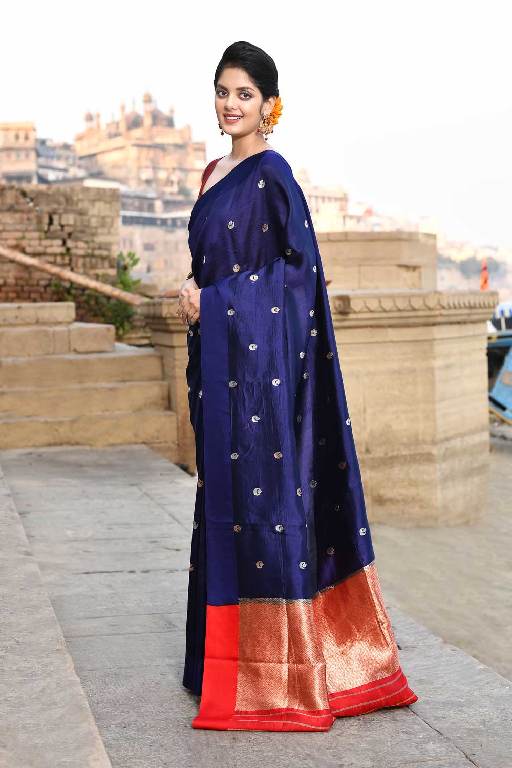 Chand Buta' Blue Pure Katan Silk Banarasi Handloom Saree Chand Buta' Blue Pure Katan Silk Banarasi Handloom Saree