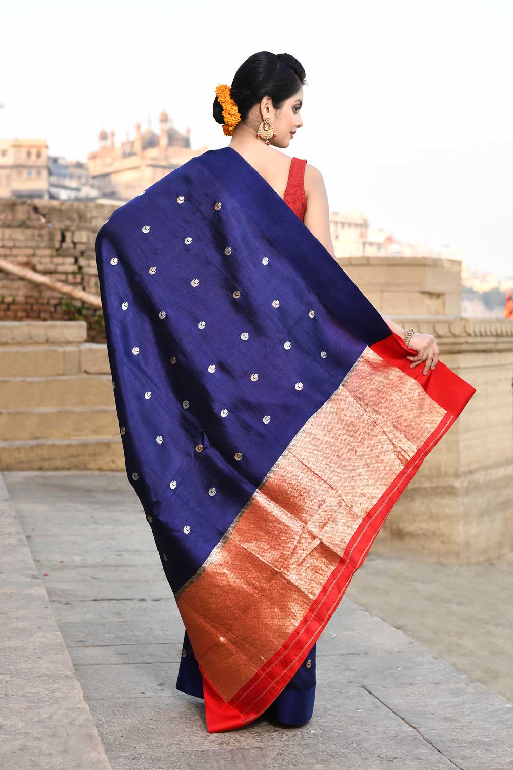 Chand Buta' Blue Pure Katan Silk Banarasi Handloom Saree Chand Buta' Blue Pure Katan Silk Banarasi Handloom Saree