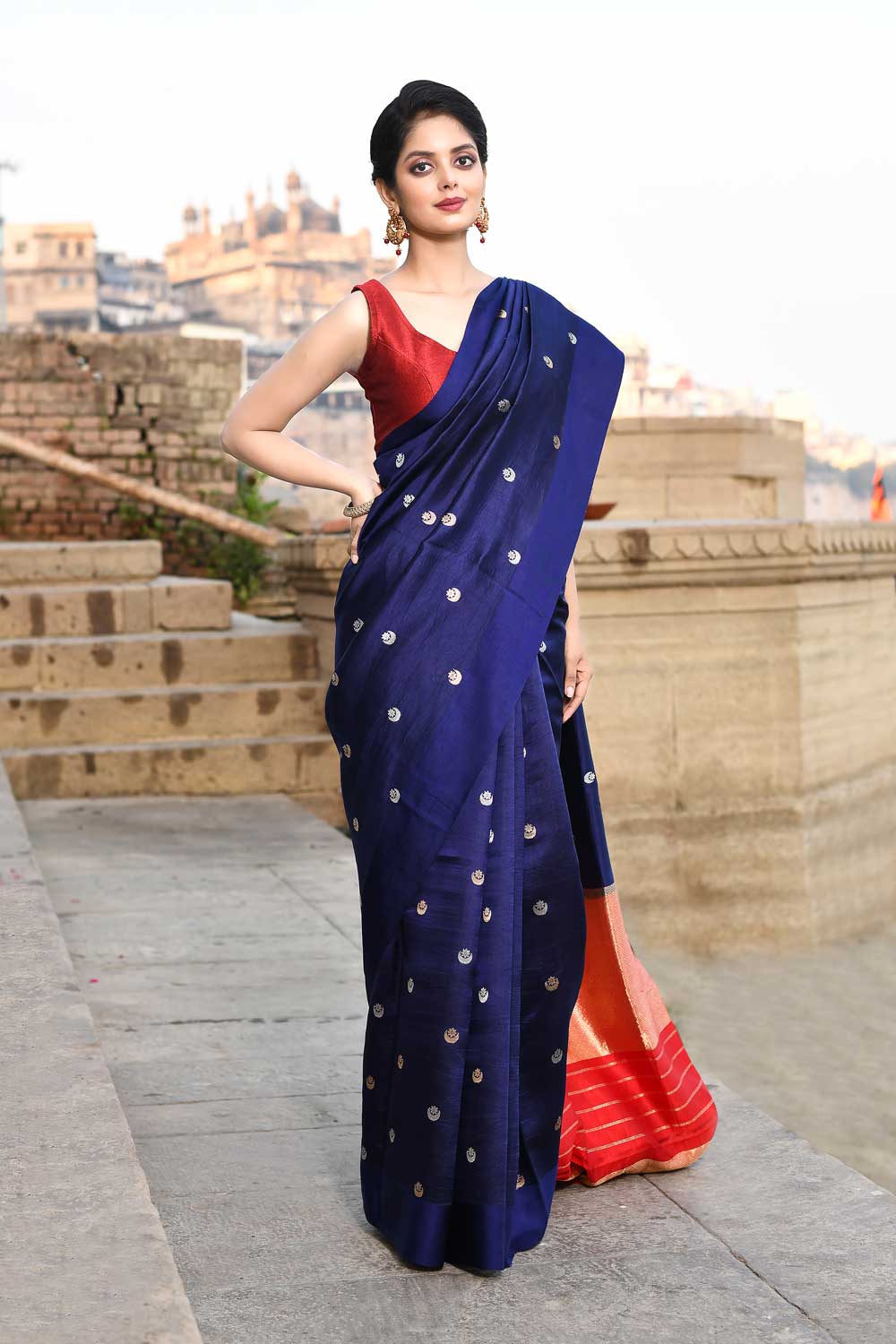 Chand Buta' Blue Pure Katan Silk Banarasi Handloom Saree Chand Buta' Blue Pure Katan Silk Banarasi Handloom Saree