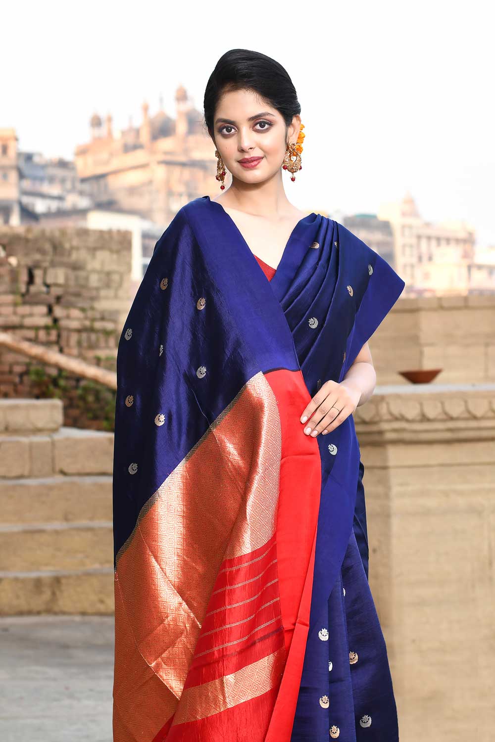 Chand Buta' Blue Pure Katan Silk Banarasi Handloom Saree Chand Buta' Blue Pure Katan Silk Banarasi Handloom Saree