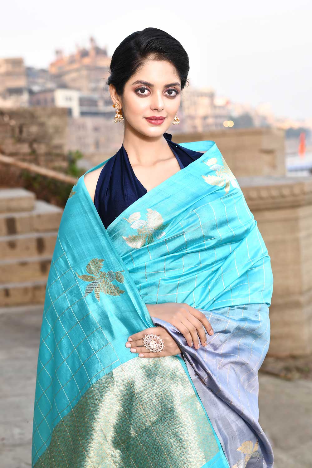 Grey - Blue Ombre Pure Katan Silk Banarasi Handloom Saree