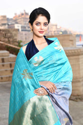 Grey - Blue Ombre Pure Katan Silk Banarasi Handloom Saree