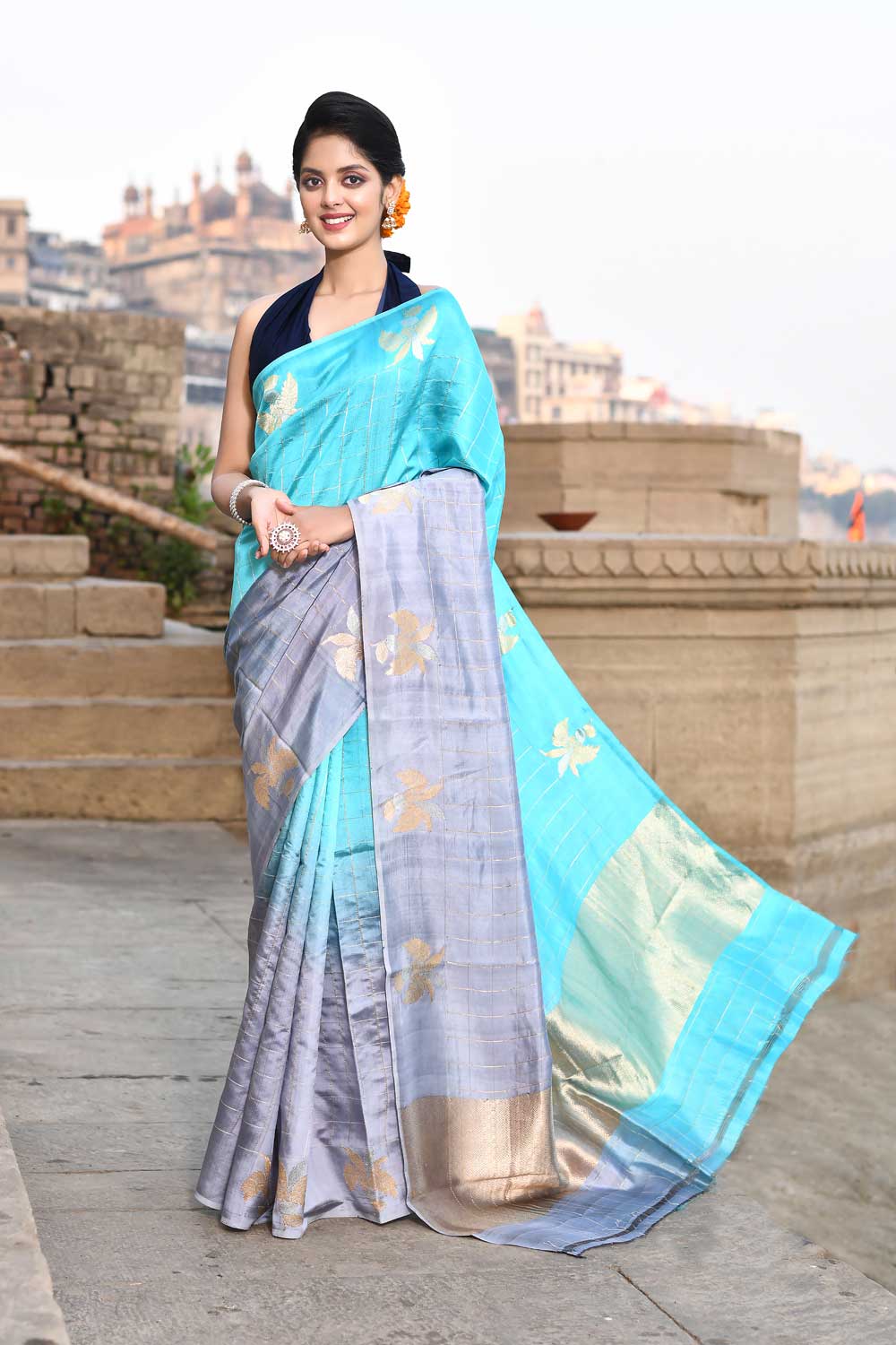 Grey - Blue Ombre Pure Katan Silk Banarasi Handloom Saree Grey - Blue Ombre Pure Katan Silk Banarasi Handloom Saree
