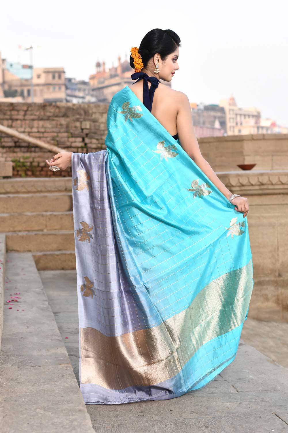 Grey - Blue Ombre Pure Katan Silk Banarasi Handloom Saree Grey - Blue Ombre Pure Katan Silk Banarasi Handloom Saree