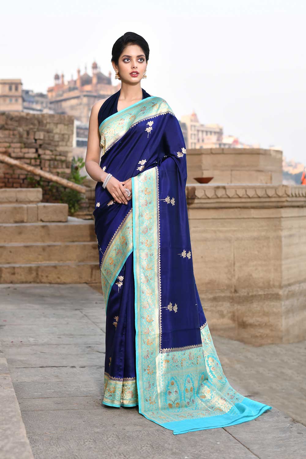 Blue Pure Katan Silk Banarasi Handloom Saree with Meenakari Border in Turquoise Blue Blue Pure Katan Silk Banarasi Handloom Saree with Meenakari Border in Turquoise Blue
