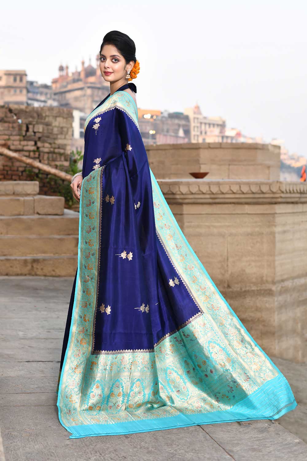 Blue Pure Katan Silk Banarasi Handloom Saree with Meenakari Border in Turquoise Blue Blue Pure Katan Silk Banarasi Handloom Saree with Meenakari Border in Turquoise Blue