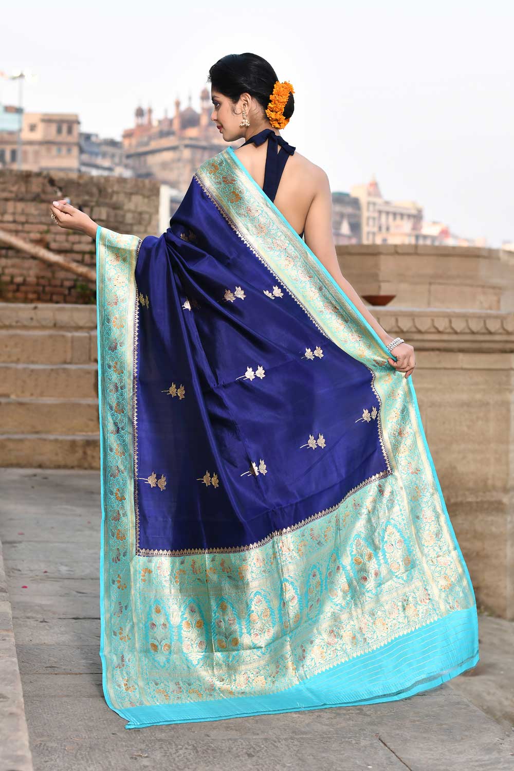 Blue Pure Katan Silk Banarasi Handloom Saree with Meenakari Border in Turquoise Blue Blue Pure Katan Silk Banarasi Handloom Saree with Meenakari Border in Turquoise Blue