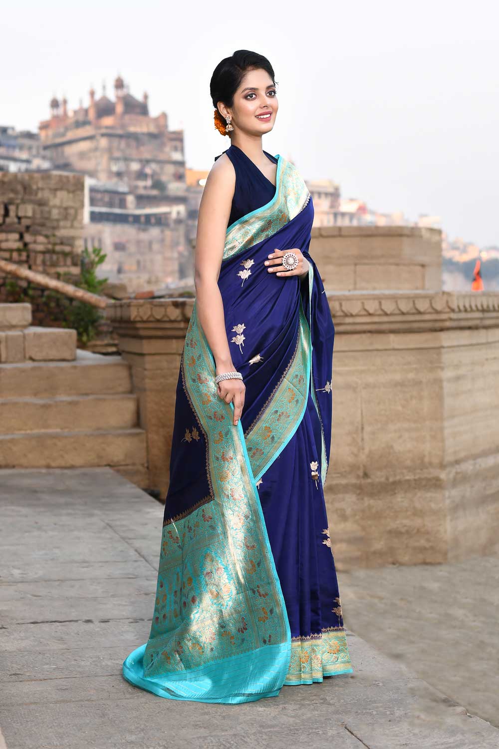 Blue Pure Katan Silk Banarasi Handloom Saree with Meenakari Border in Turquoise Blue Blue Pure Katan Silk Banarasi Handloom Saree with Meenakari Border in Turquoise Blue