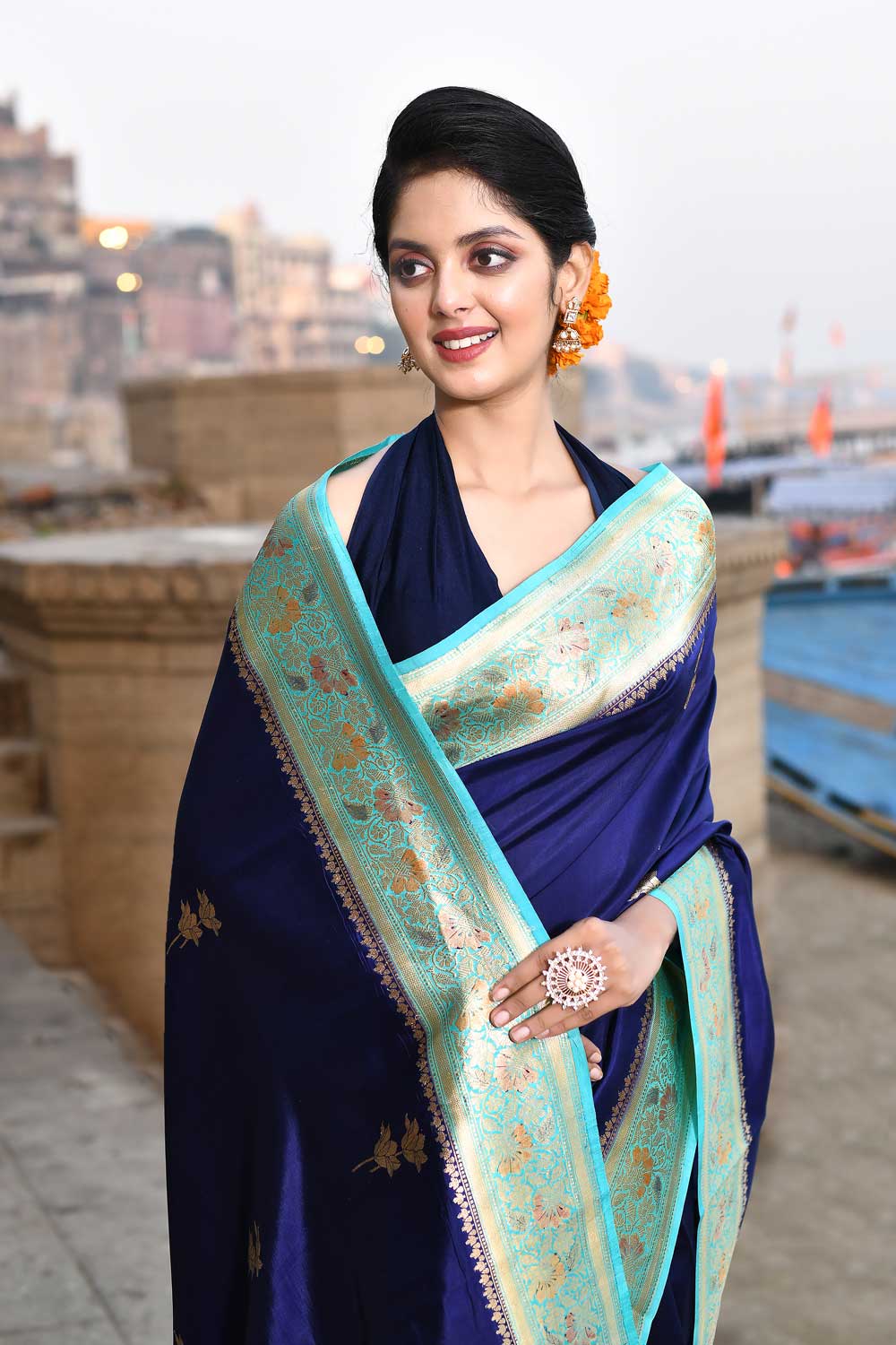 Blue Pure Katan Silk Banarasi Handloom Saree with Meenakari Border in Turquoise Blue Blue Pure Katan Silk Banarasi Handloom Saree with Meenakari Border in Turquoise Blue