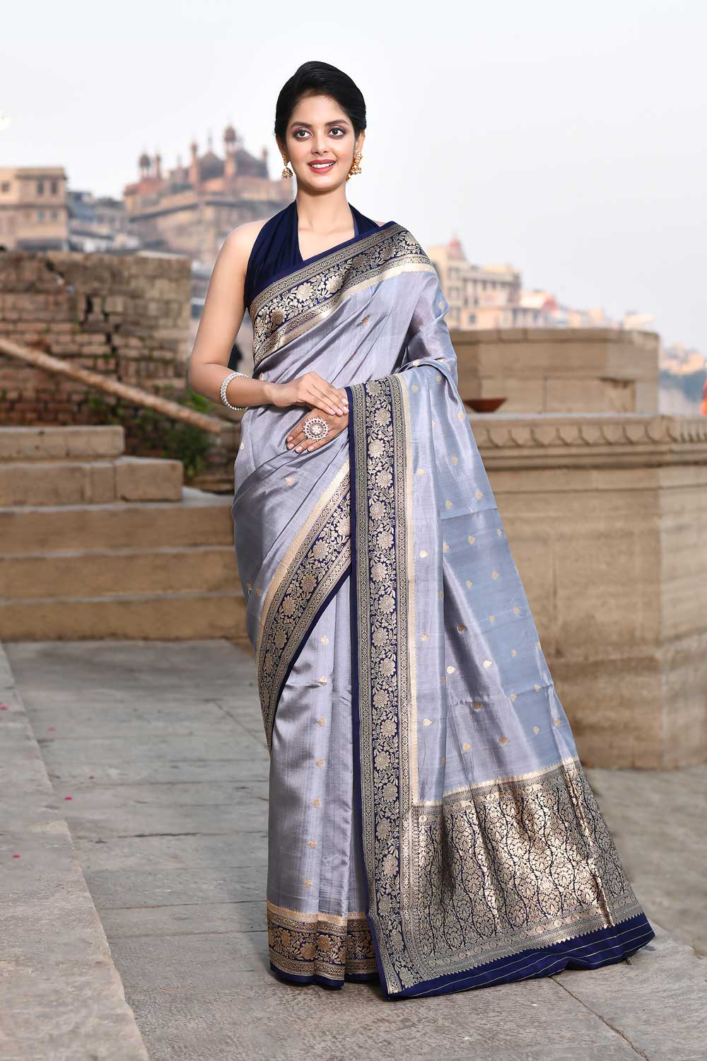 Grey- Navy Blue Pure Katan Silk Banarasi Handloom Saree Grey- Navy Blue Pure Katan Silk Banarasi Handloom Saree