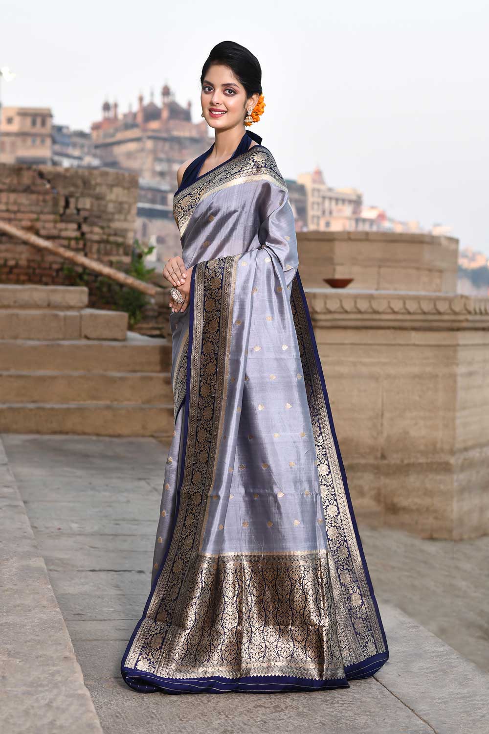 Grey- Navy Blue Pure Katan Silk Banarasi Handloom Saree Grey- Navy Blue Pure Katan Silk Banarasi Handloom Saree