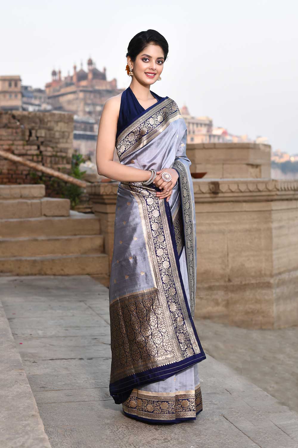 Grey- Navy Blue Pure Katan Silk Banarasi Handloom Saree Grey- Navy Blue Pure Katan Silk Banarasi Handloom Saree