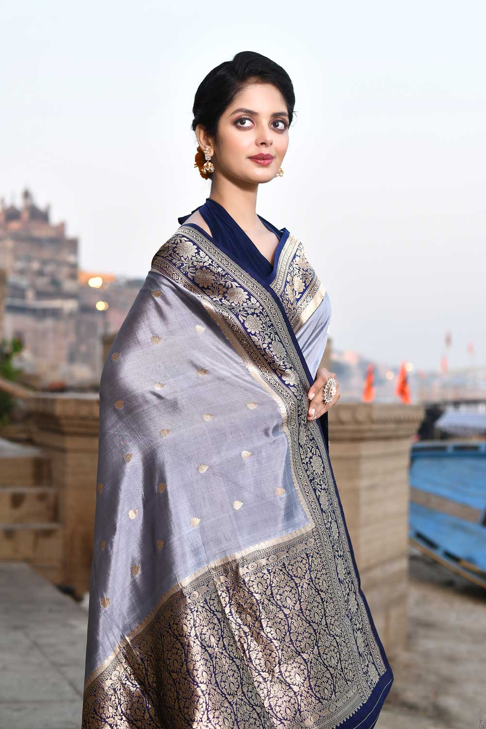 Grey- Navy Blue Pure Katan Silk Banarasi Handloom Saree Grey- Navy Blue Pure Katan Silk Banarasi Handloom Saree