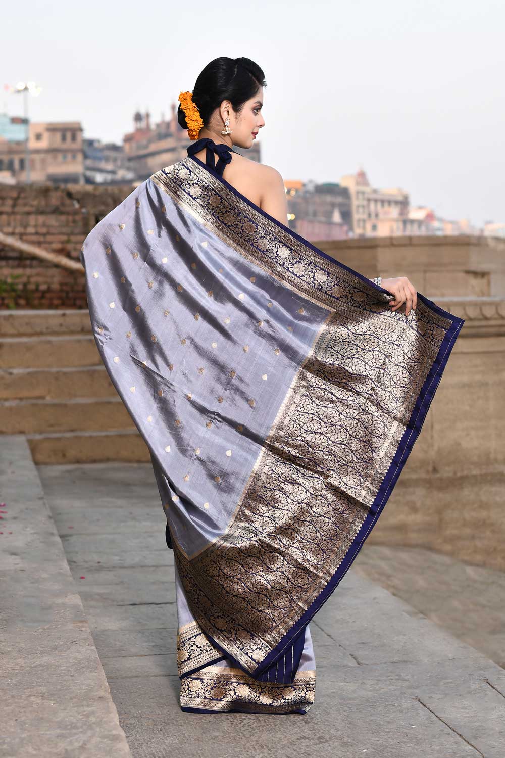 Grey- Navy Blue Pure Katan Silk Banarasi Handloom Saree Grey- Navy Blue Pure Katan Silk Banarasi Handloom Saree