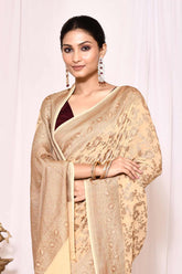 Beige-Tussar Pure Khaddi Georgette Banarasi Handloom Silk Saree